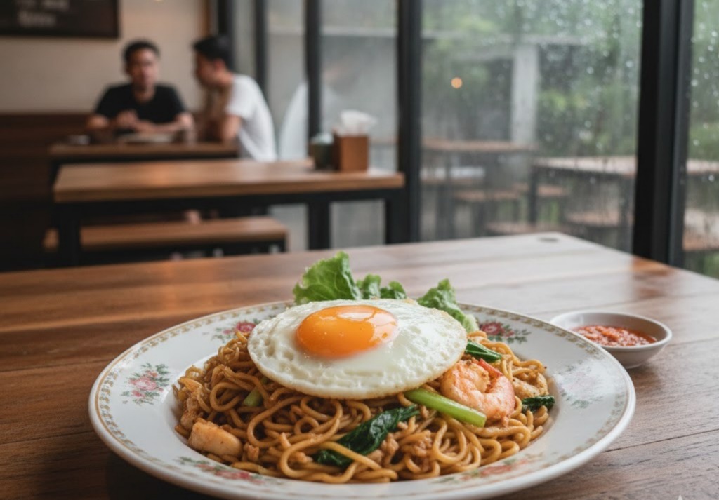 Mie Goreng Special Tempo dengan telur mata sapi di atasnya, menu favorit di Tempo Dulu Kopi Denpasar.