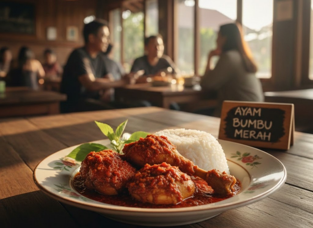 Piring berisi Ayam Bumbu Merah dan Mie Goreng Special di atas meja kayu Tempo Dulu Kopi Bali.