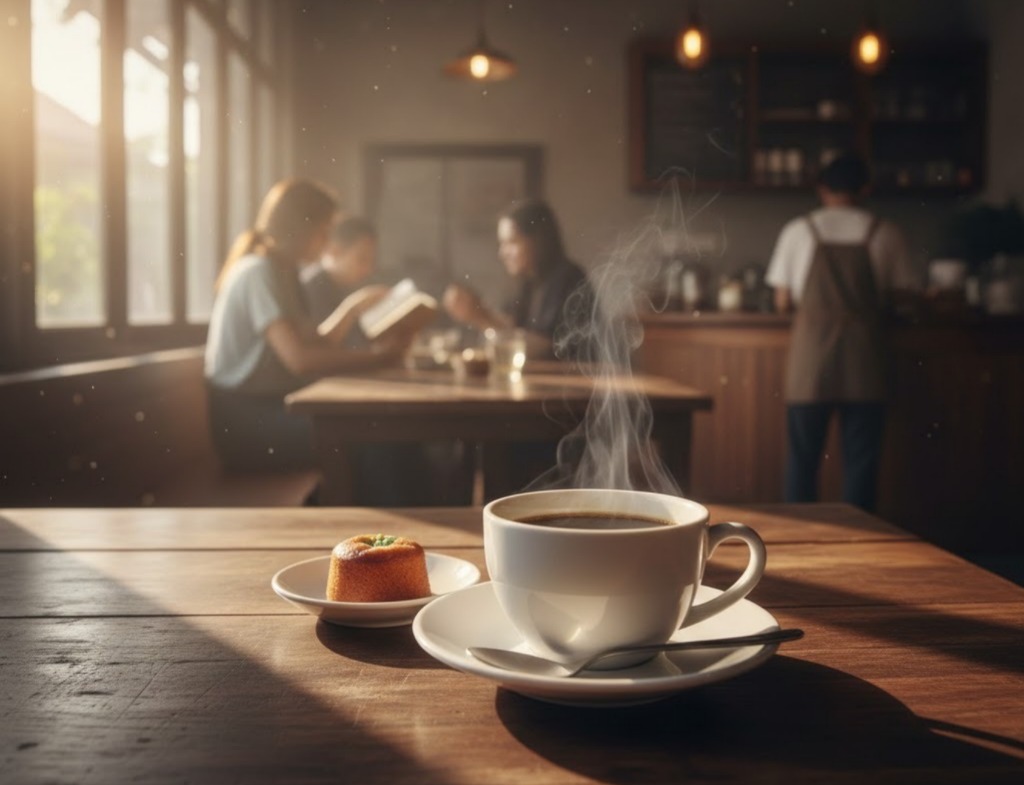 Suasana interior Tempo Dulu Kopi yang tenang dan hangat dengan furnitur kayu, cocok untuk rehat sejenak di Denpasar.