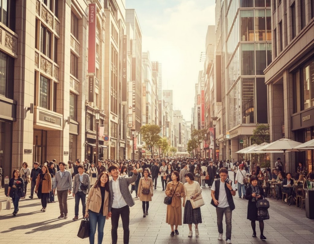 Suasana Ginza Car Free Day dengan pejalan kaki di jalan utama Tokyo