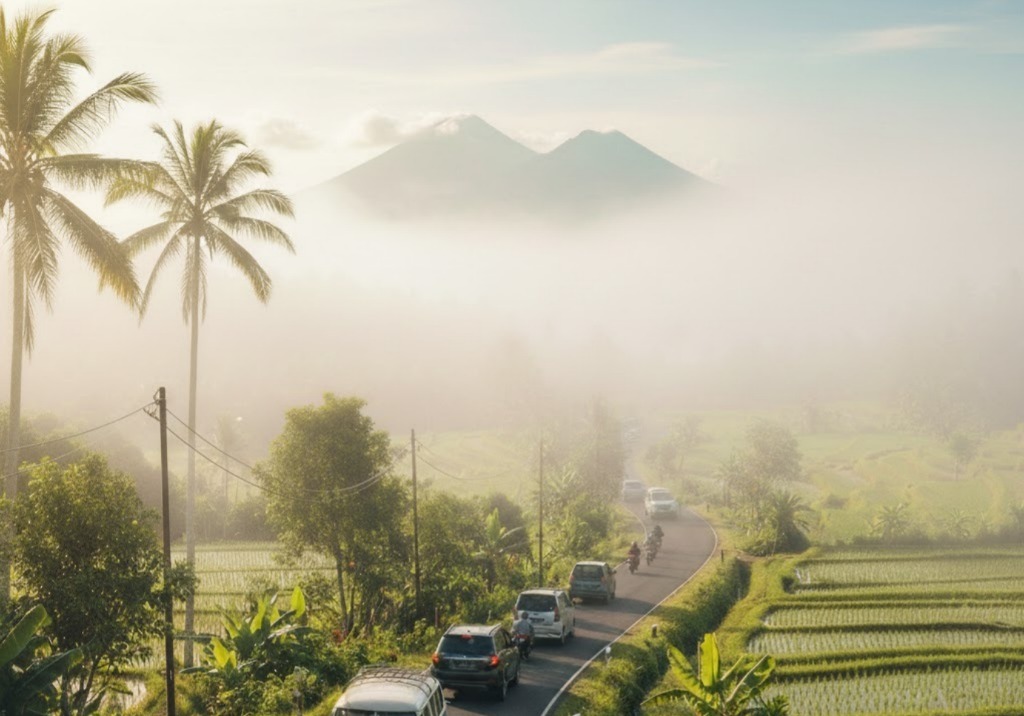 Perjalanan menuju Bali Utara melalui jalan berkelok dengan pemandangan alam pegunungan