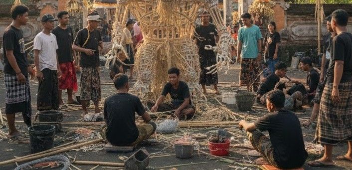 Persiapan ogoh-ogoh oleh sekeha teruna-teruni di Banjar Sebelanga