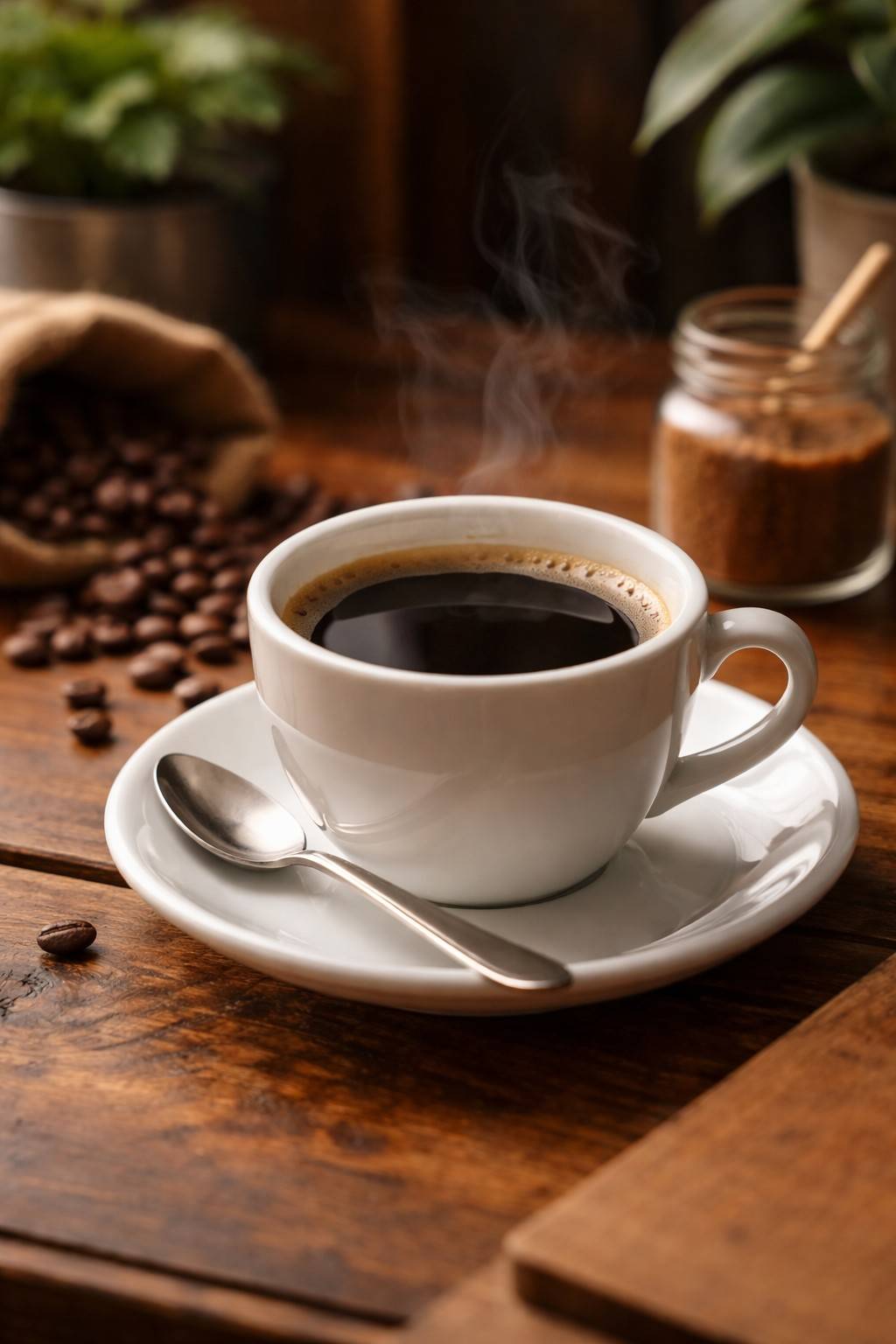 Secangkir Americano hitam panas di atas meja kayu coffee shop Bali dengan suasana hangat dan natural