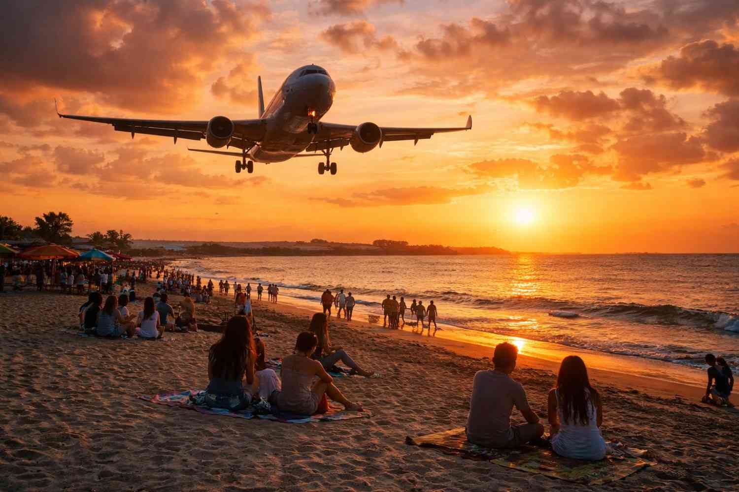 Pantai Sekeh Tuban Bali saat senja dengan siluet pesawat mendarat di dekat Bandara Ngurah Rai