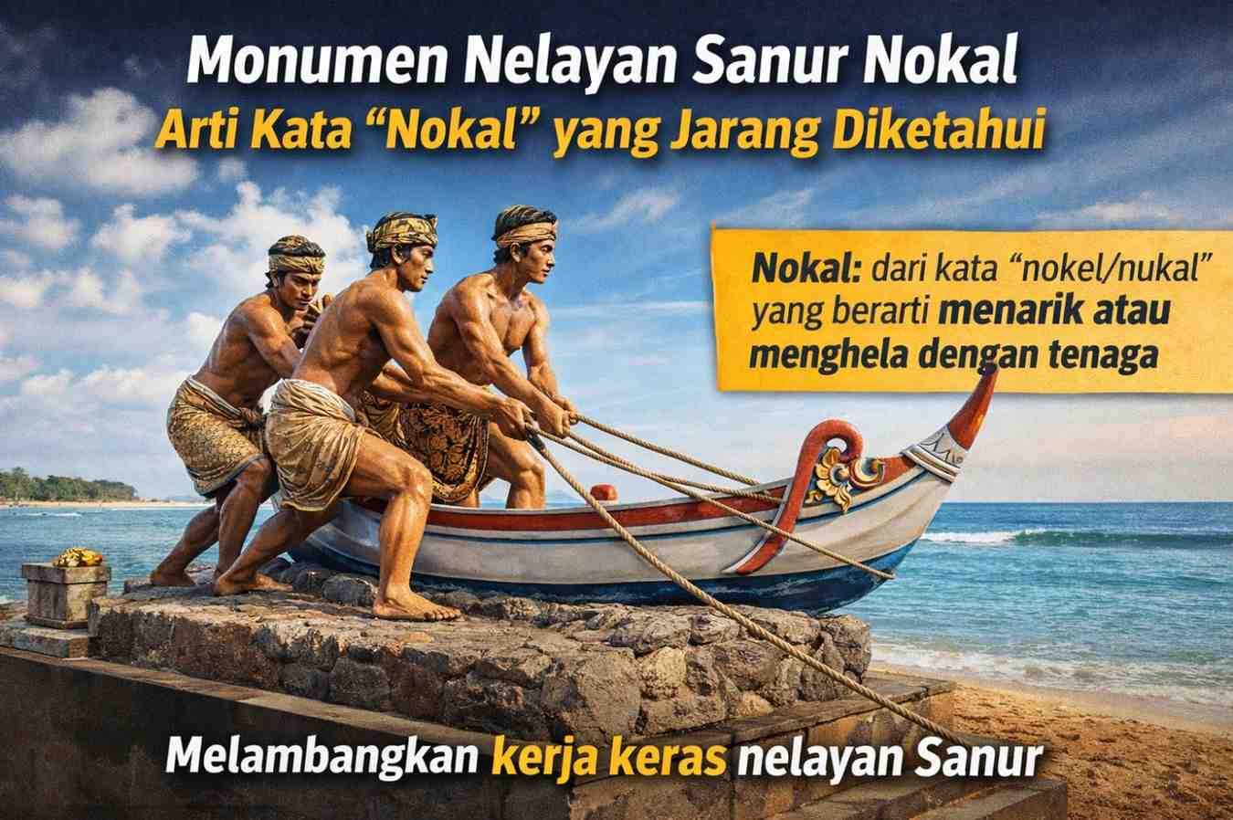 Monumen Nelayan Sanur Nokal di kawasan pesisir Sanur Bali yang menggambarkan nelayan menarik perahu ke darat sebagai simbol kerja keras.