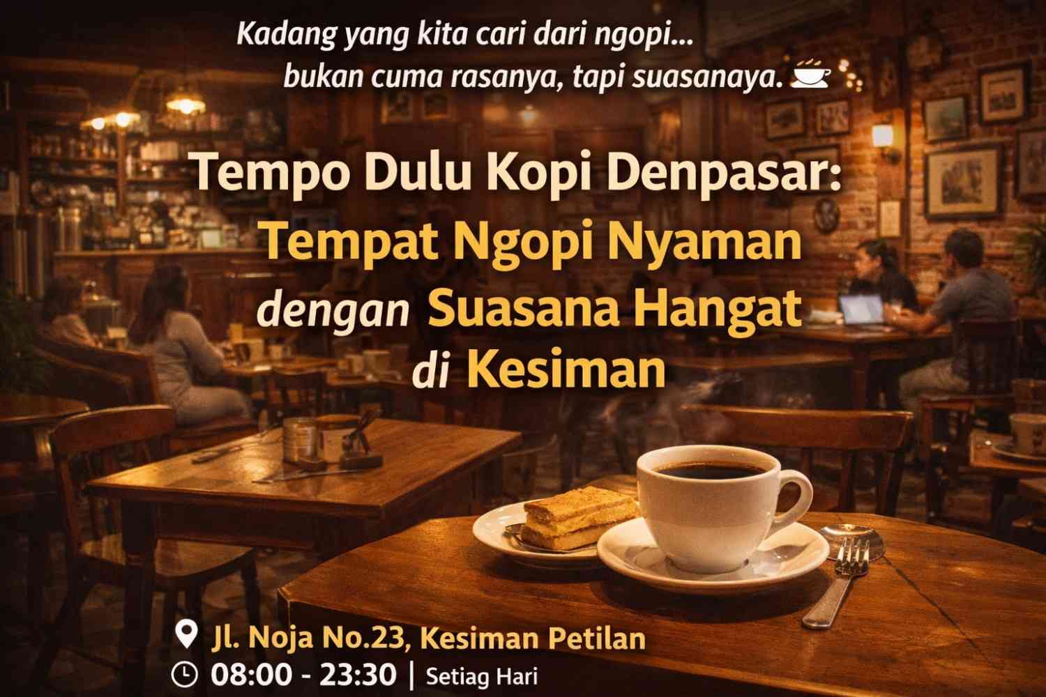 Interior hangat Tempo Dulu Kopi Denpasar dengan suasana klasik, meja kayu, dan sajian kopi di atas meja.