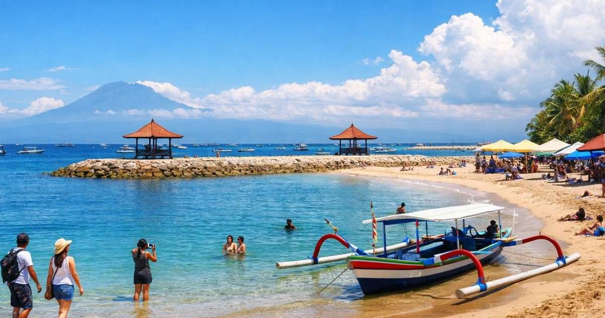Cuaca cerah di Pantai Sanur Bali pada 15 Februari 2026 dengan langit biru dan aktivitas wisatawan di tepi pantai