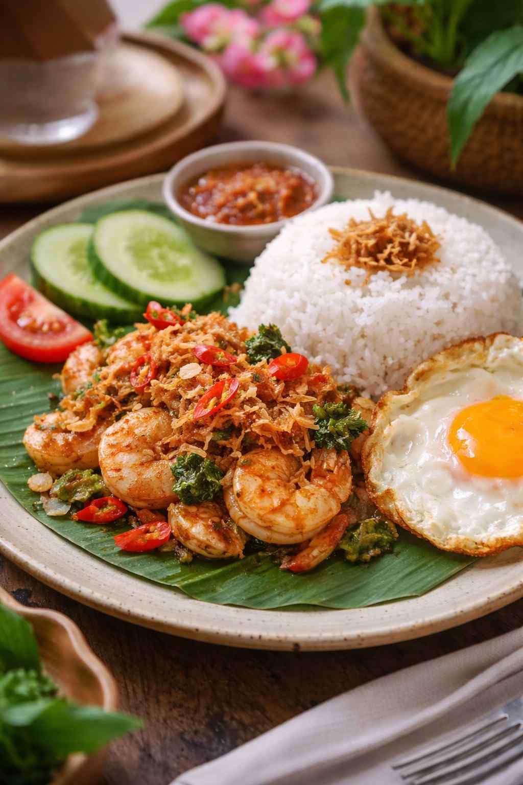Udang suna cekuh khas Bali dengan nasi hangat dan telur goreng di Tempo Dulu Kopi