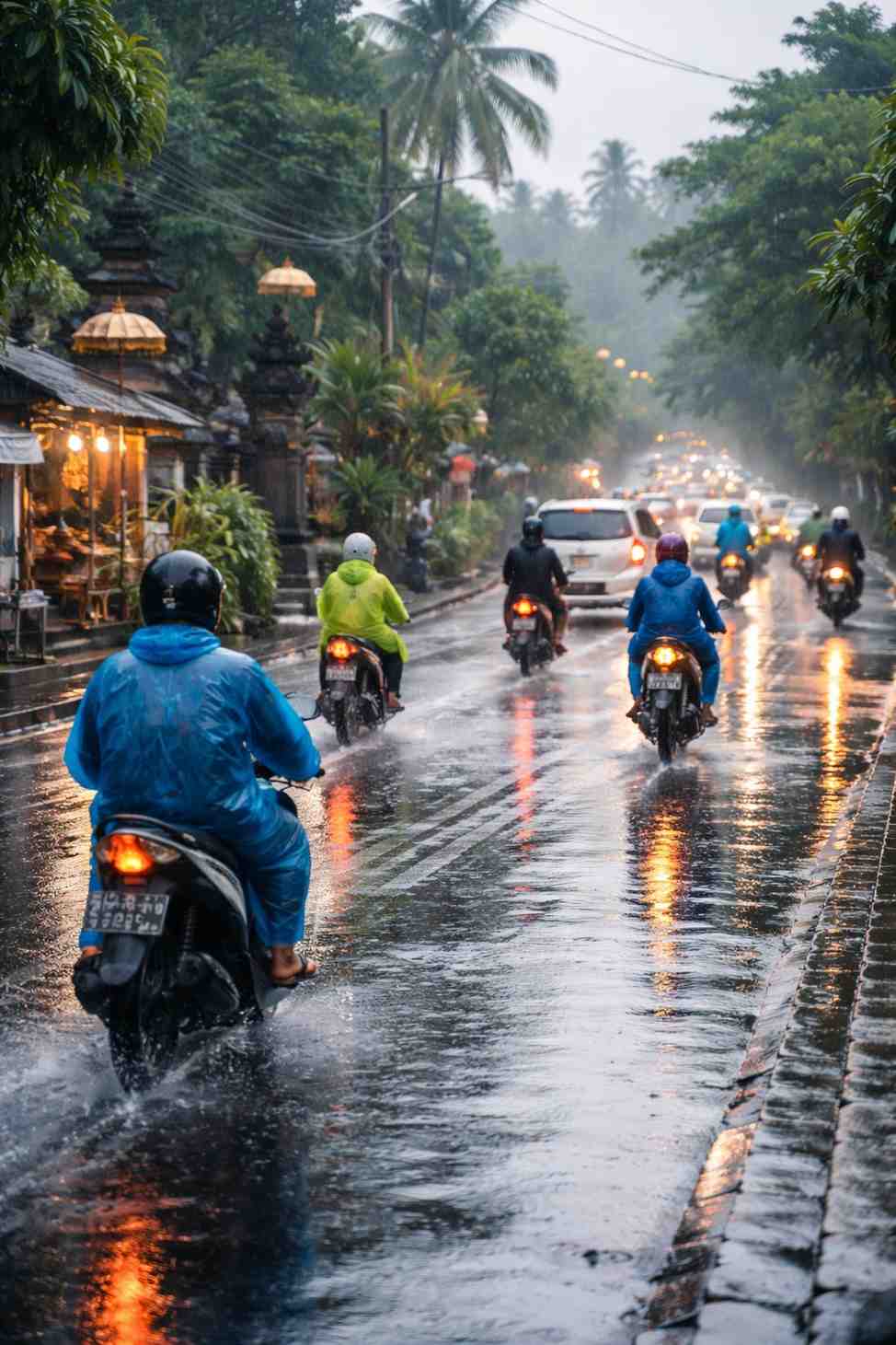 Kondisi jalan masih basah di Denpasar pada pagi hari setelah hujan deras semalaman