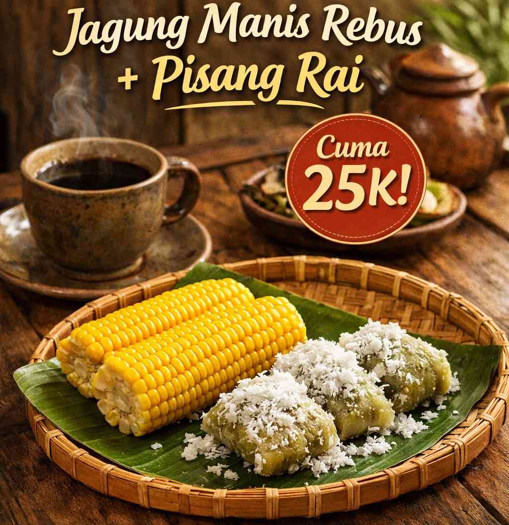 Jagung manis rebus dan pisang rai khas Bali sebagai menu spesial weekend di Tempo Dulu Kopi