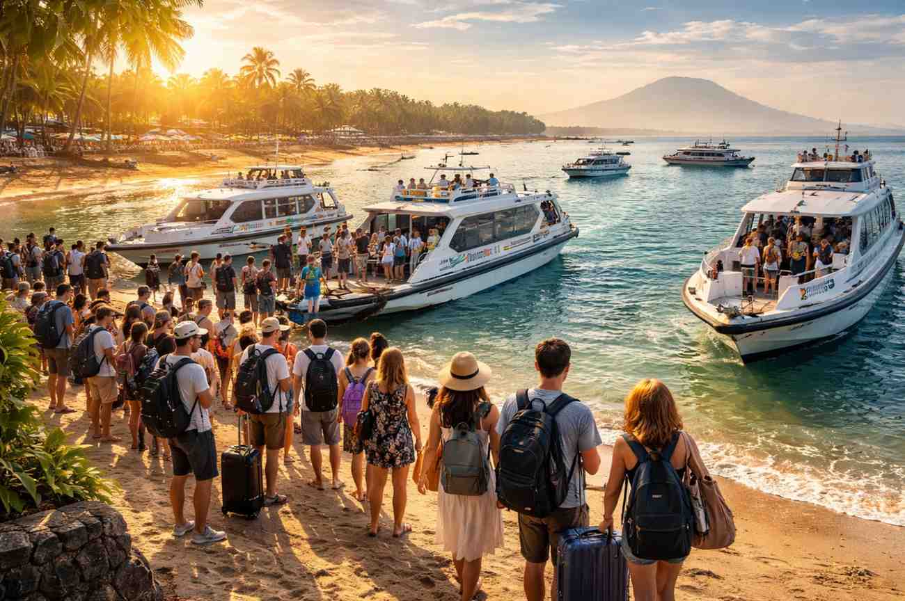 Suasana pagi hari di Pelabuhan Sanur dengan antrean penumpang fast boat dan kapal bersiap berangkat menuju Nusa Penida.