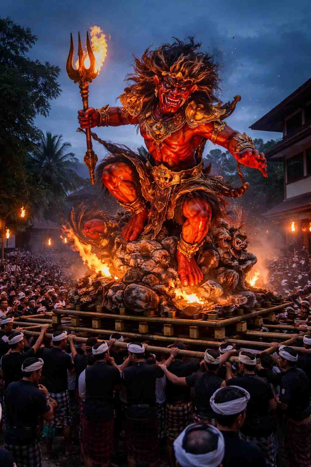 Ogoh-Ogoh besar karya pemuda Kerobokan diarak menjelang Nyepi di Badung Bali dengan latar senja dramatis.