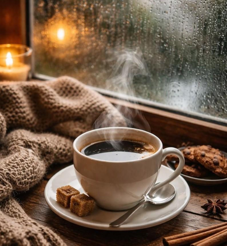 Secangkir kopi panas dinikmati saat musim hujan dengan suasana santai