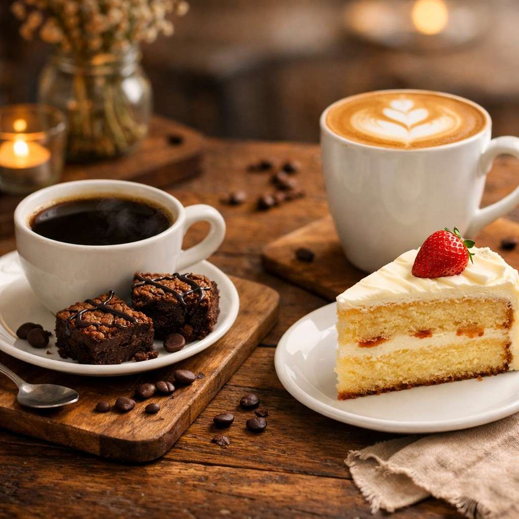 ngopi santai ditemani brownies dan cake di meja kayu