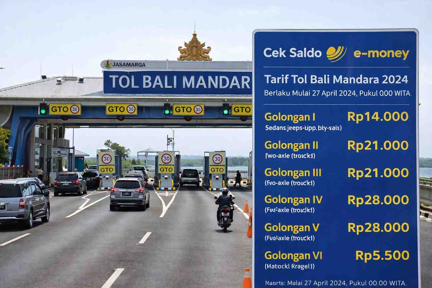 Gerbang Tol Bali Mandara dengan kendaraan melintas dan informasi tarif