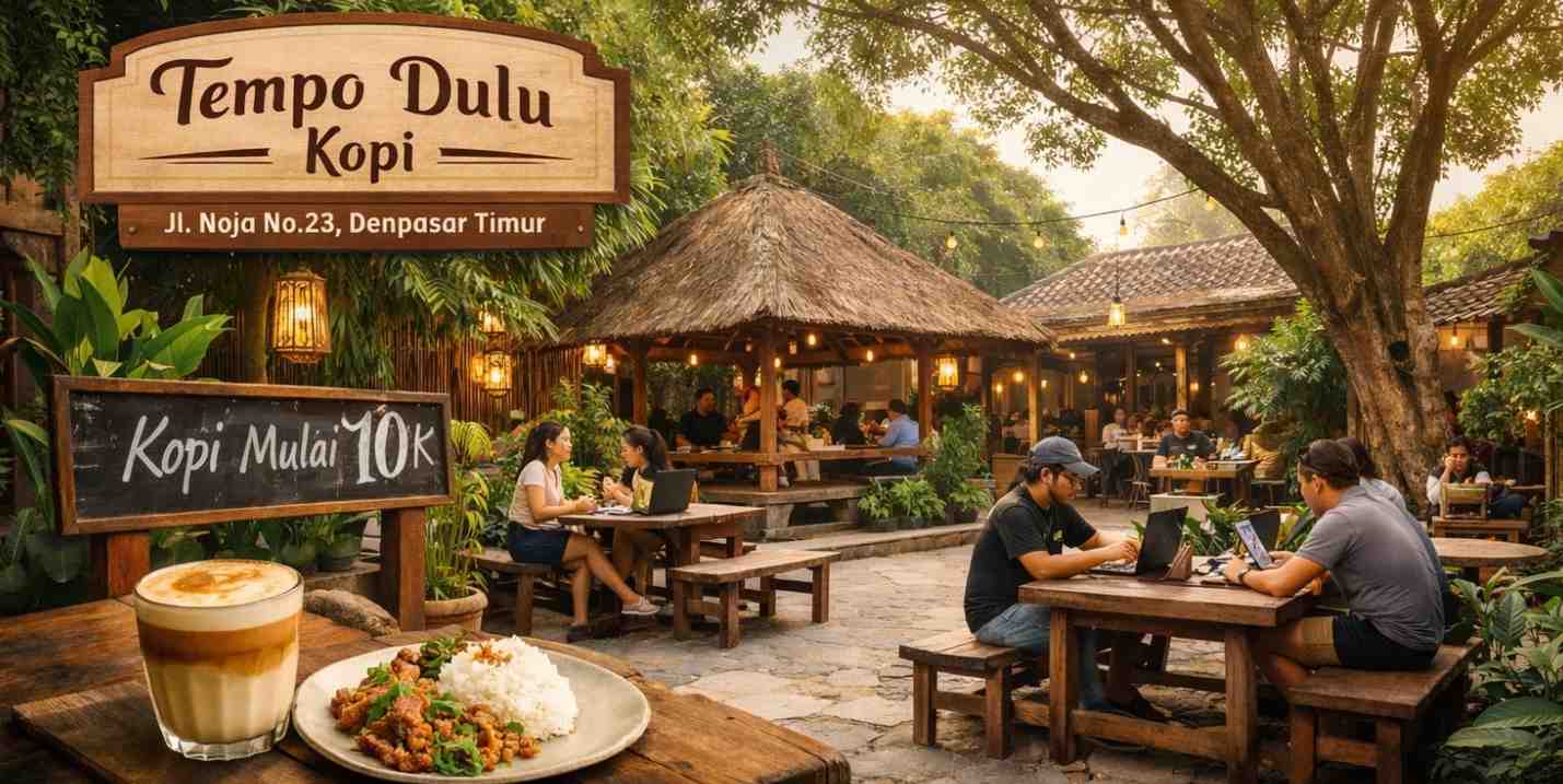 Suasana outdoor Tempo Dulu Kopi Denpasar dengan konsep desa di tengah kota yang luas dan adem
