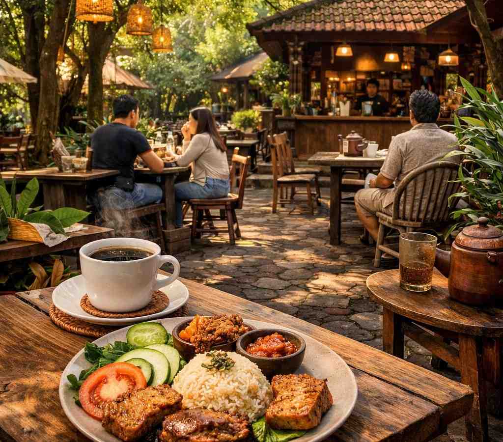 Suasana rindang Tempo Dulu Kopi di Kesiman dengan area ngopi santai di bawah pohon
