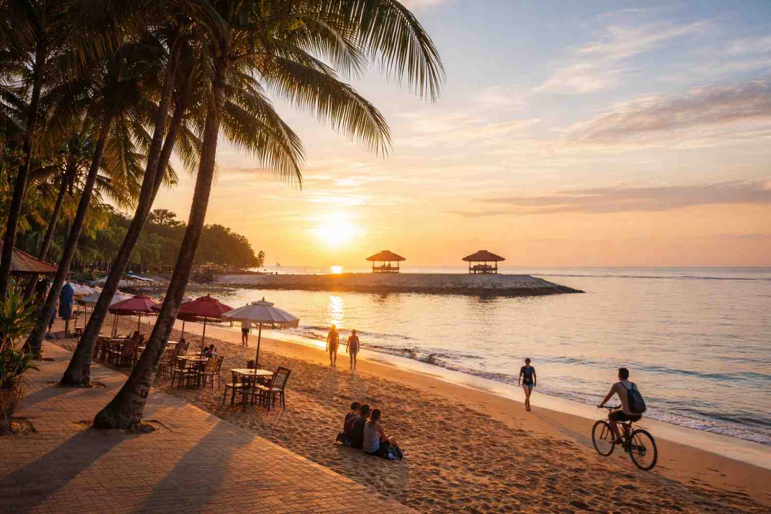 Suasana pagi Pantai Sindu Sanur dengan laut tenang dan langit cerah saat matahari terbit