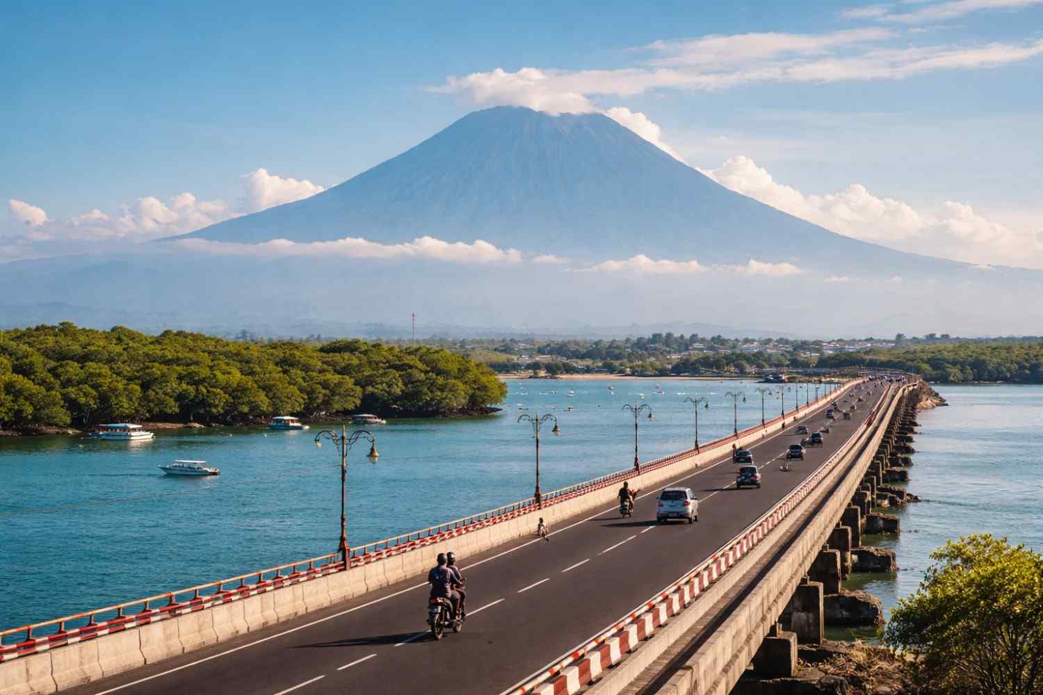 Pemandangan Gunung Agung terlihat dari Jembatan Pulau Serangan Denpasar saat cuaca cerah