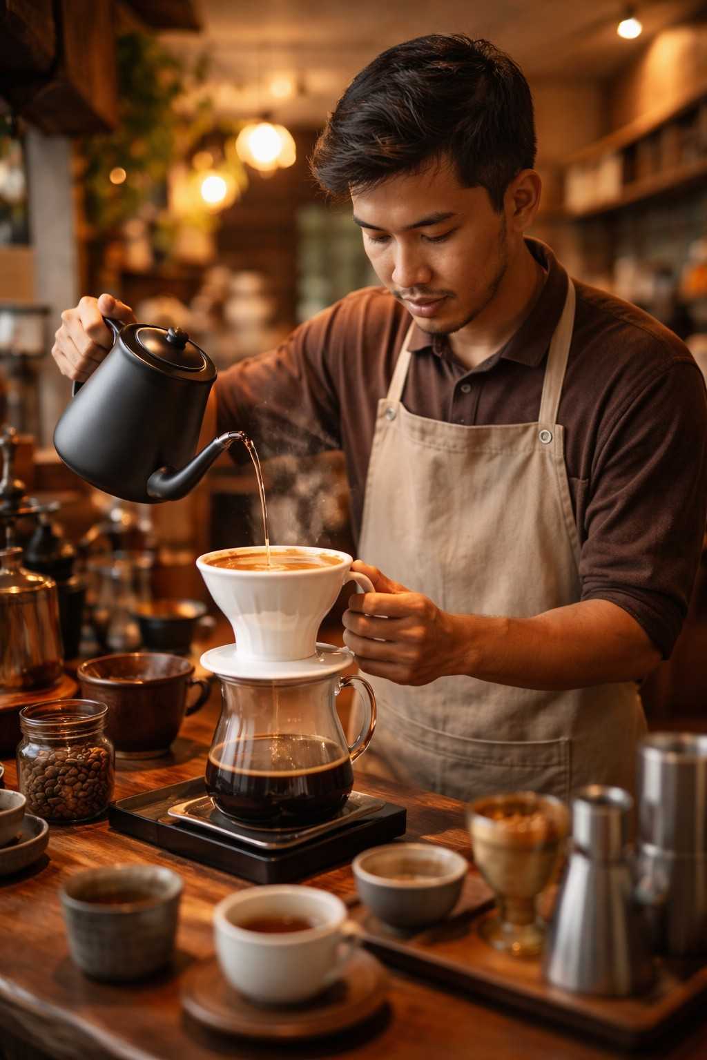 Barista Tempo Dulu Kopi sedang menyeduh kopi dengan penuh perhatian di suasana kedai yang hangat dan tenang