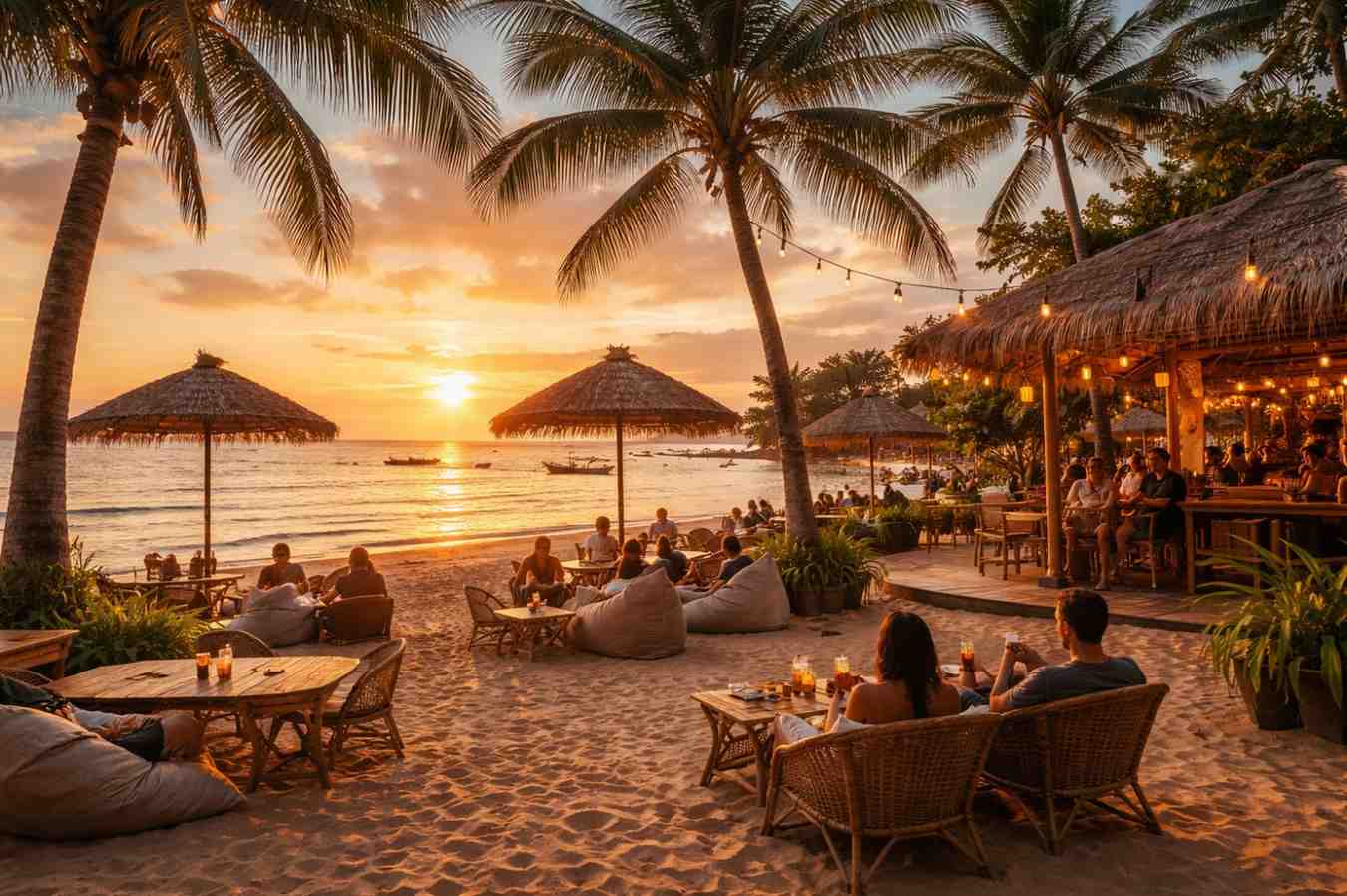 Suasana sunset di Bamboo Beach Bar Sanur dengan kursi kayu dan pemandangan pantai
