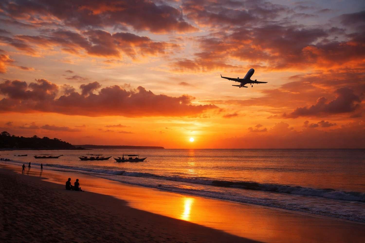 Pesona senja di Pantai Jerman Bali dengan langit oranye dan siluet pesawat saat matahari terbenam