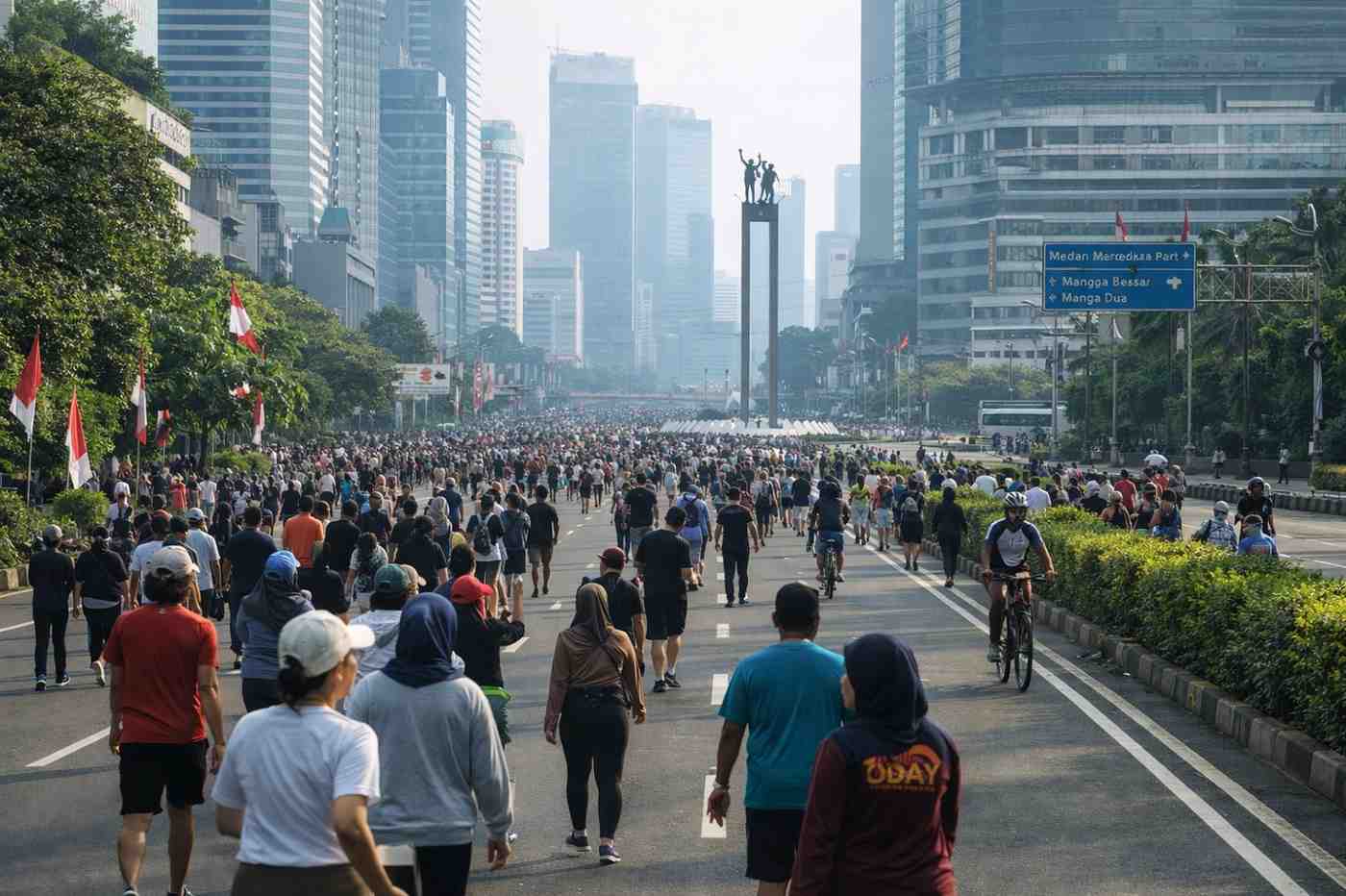 Suasana Car Free Day Jakarta di kawasan Sudirman Thamrin pada Minggu pagi dengan warga berolahraga dan berjalan santai.