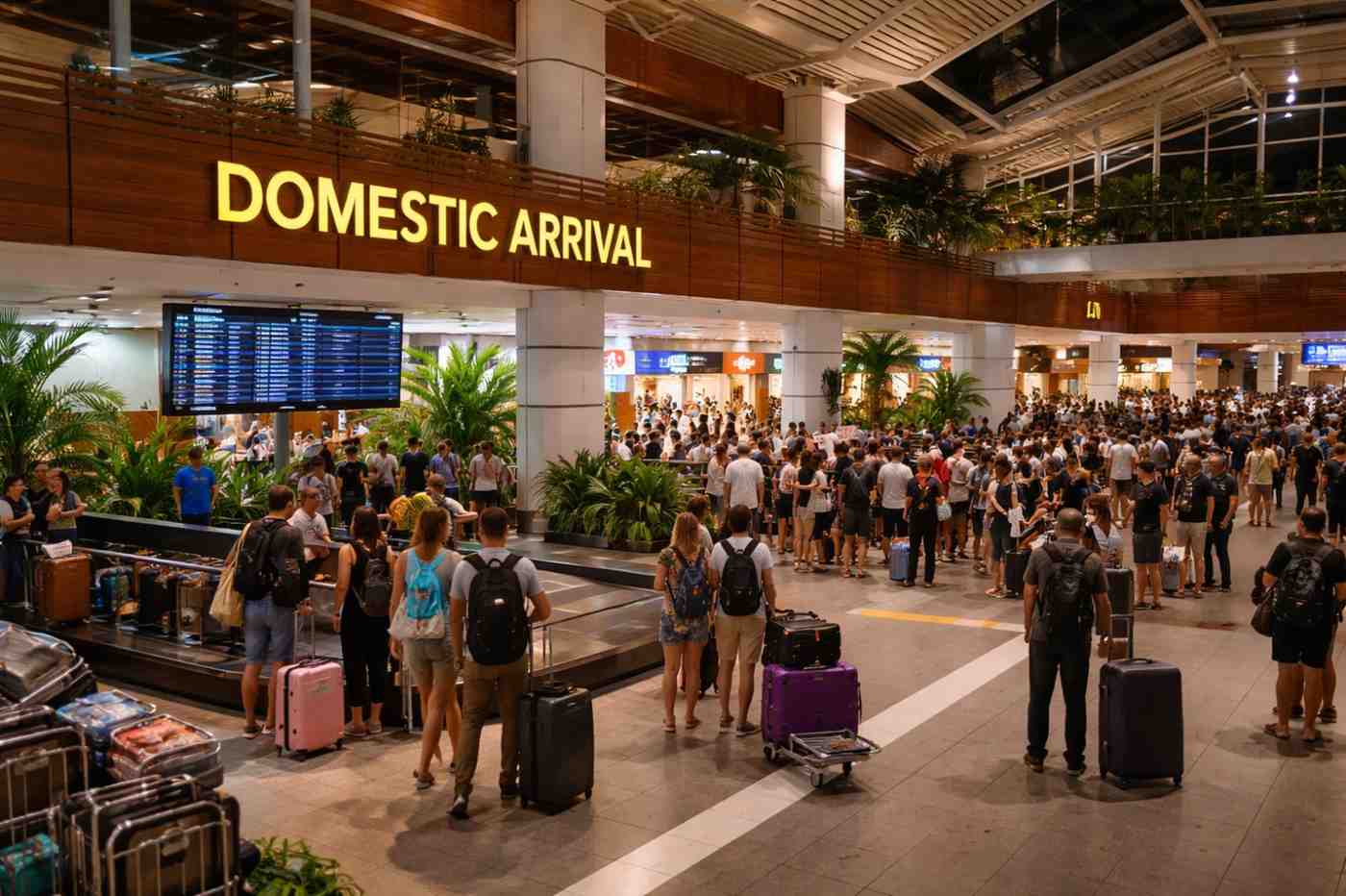 Suasana area Kedatangan Domestik di Bandar Udara Internasional I Gusti Ngurah Rai pada malam hari dengan penumpang mengambil bagasi dan menunggu penjemputan.
