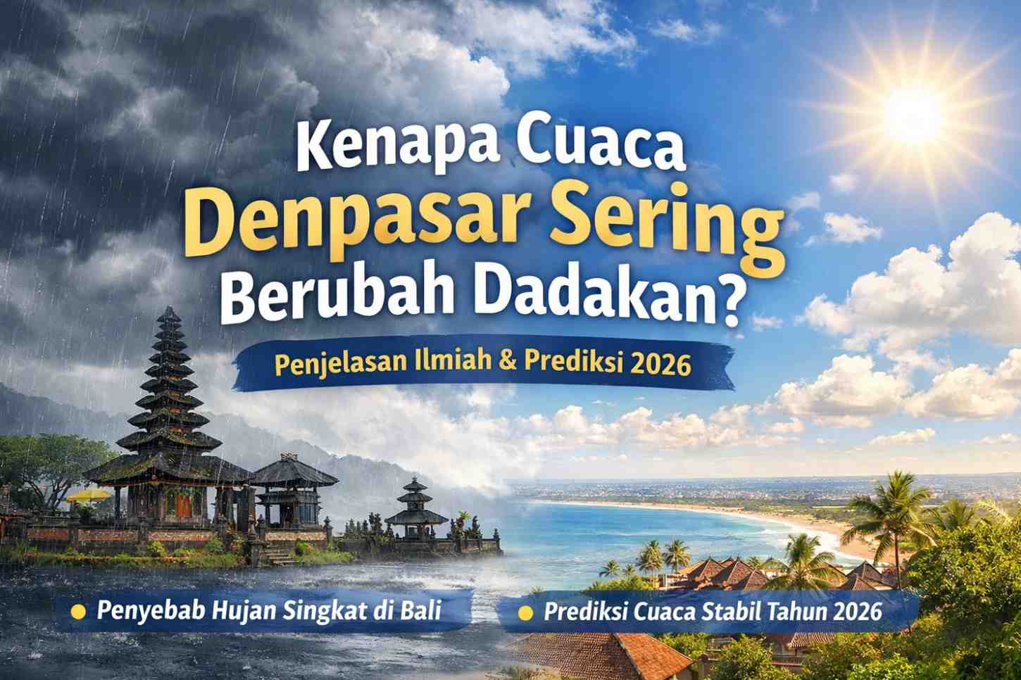 Langit Denpasar berubah dari mendung dan gerimis menjadi cerah terik pada 15 Februari 2026