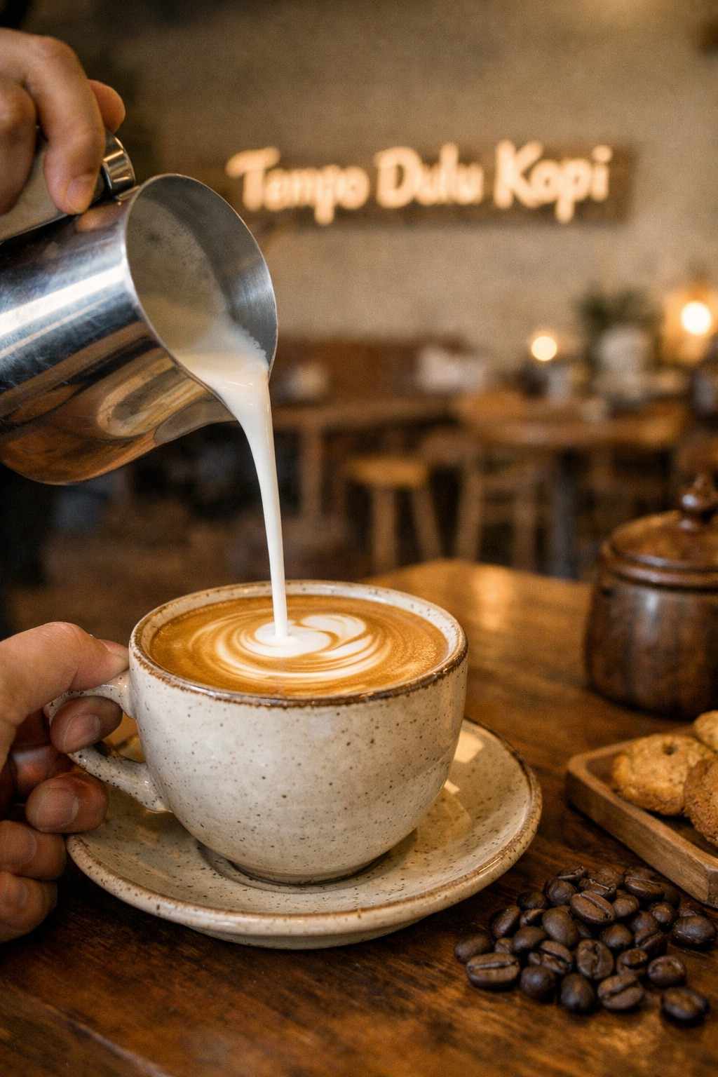 Secangkir kopi susu hangat yang diracik perlahan di Tempo Dulu Kopi dengan suasana kedai yang tenang