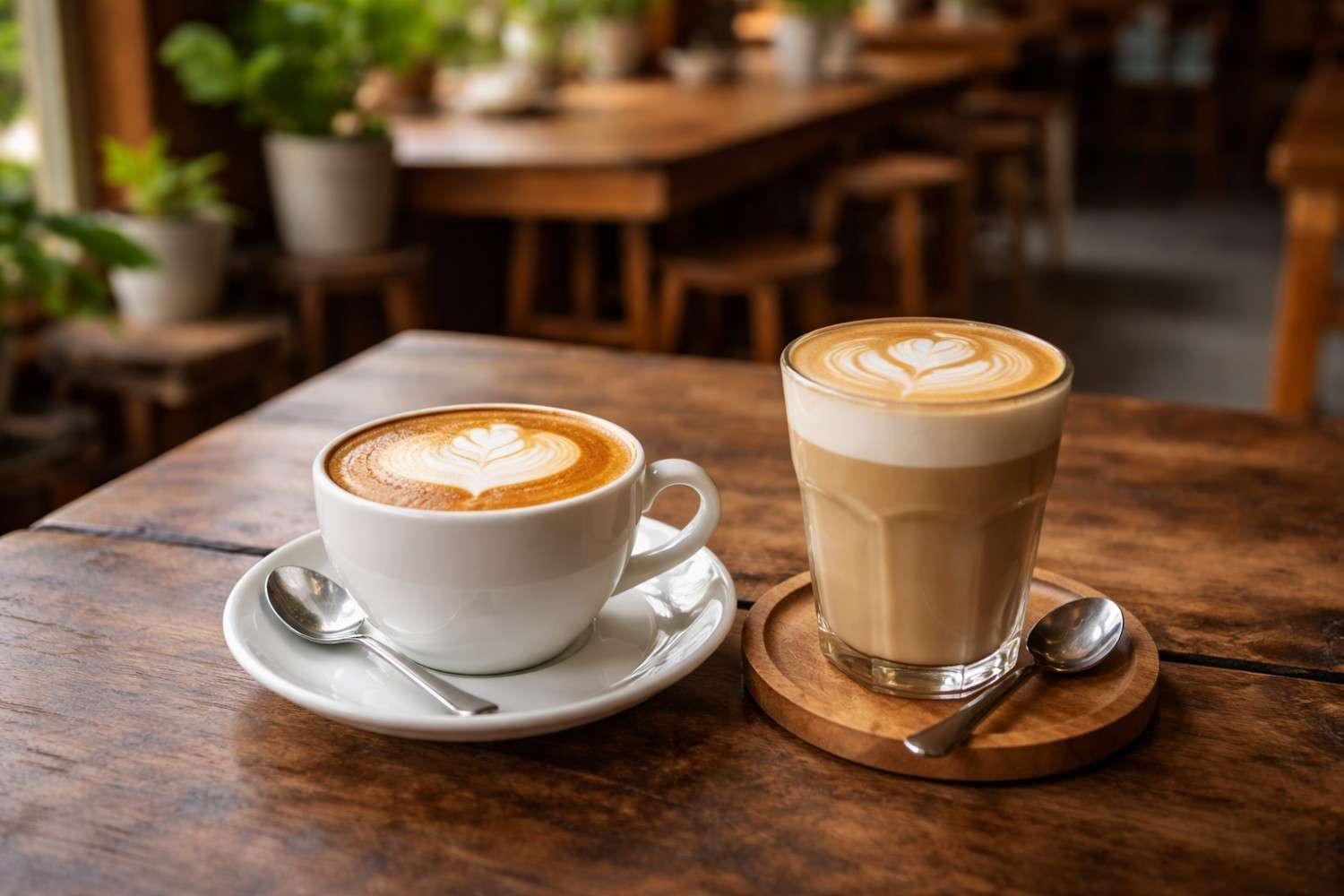 secangkir cappuccino dan cafe latte berdampingan di meja kayu coffeeshop bali