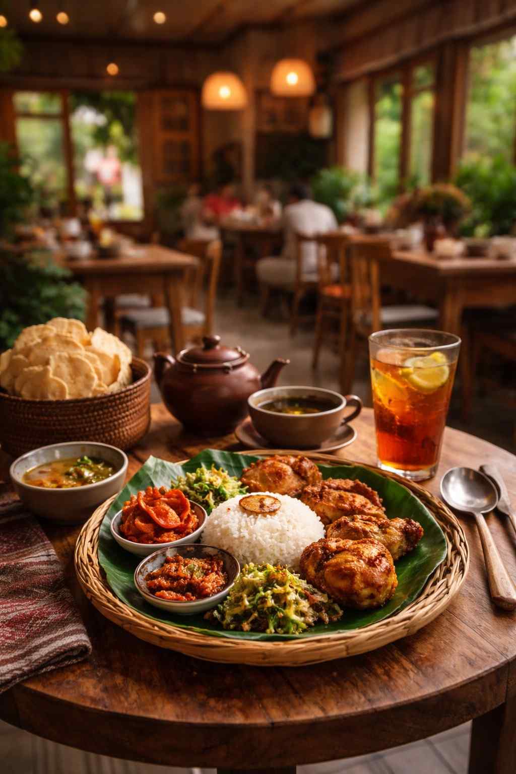 Sepiring makanan rumahan hangat di Tempo Dulu Kopi Denpasar dengan suasana nyaman dan hangat