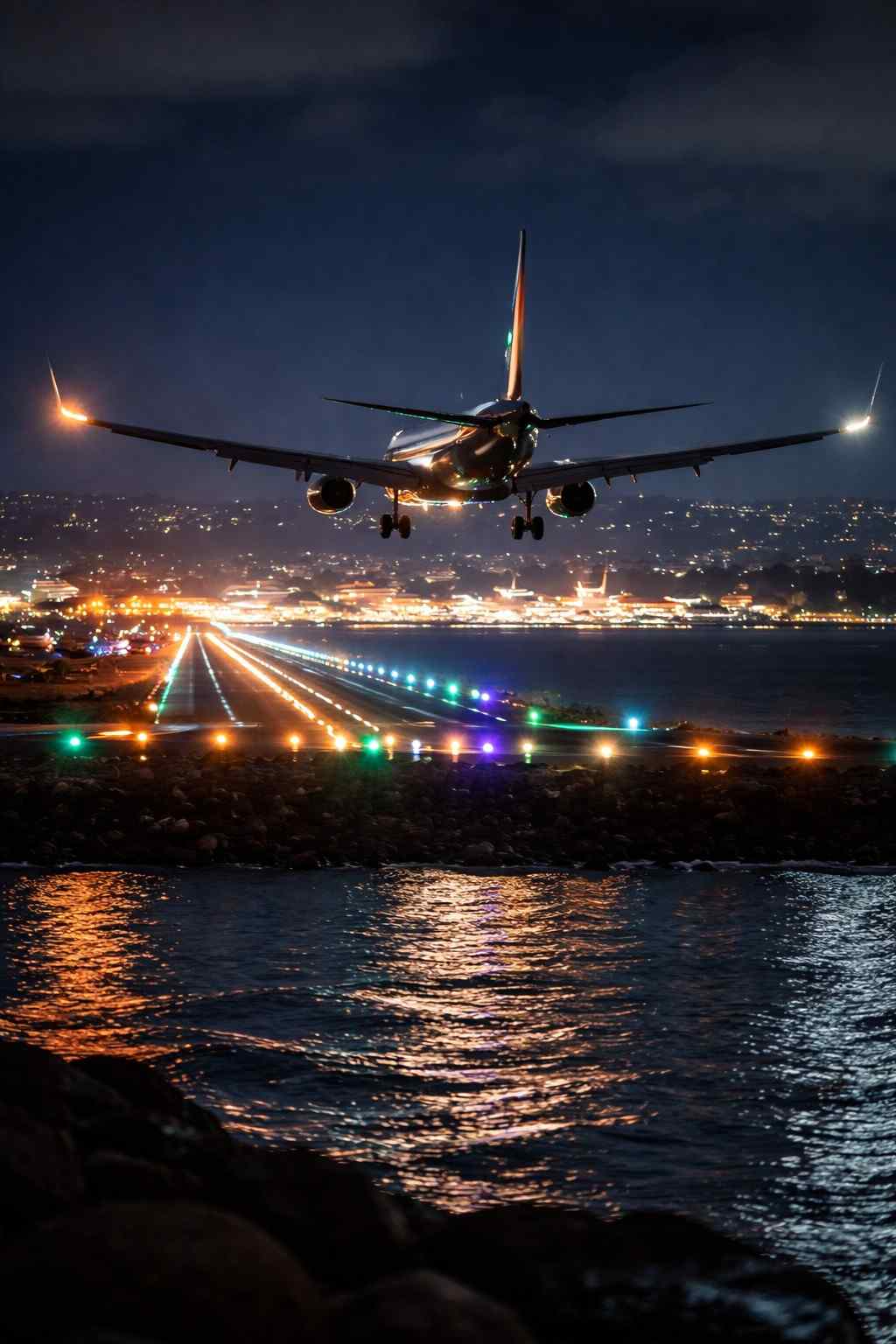 Suasana malam di Bandara Internasional I Gusti Ngurah Rai dengan pesawat landing dan cahaya runway yang dramatis