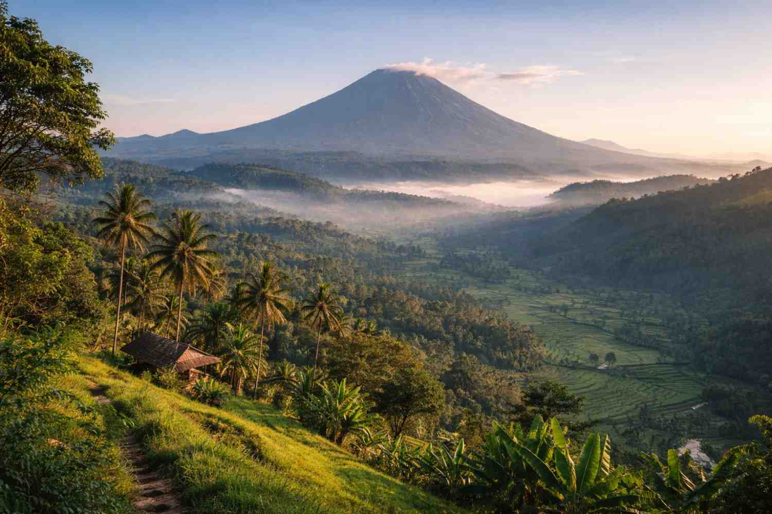 View Gunung Agung dari perbukitan Muncang Karangasem Bali dengan latar langit cerah di pagi hari