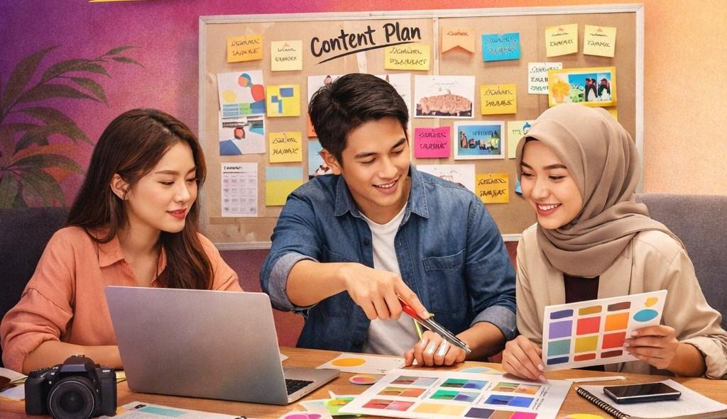 tim kreatif sedang menyusun strategi konten media sosial dengan laptop dan moodboard visual