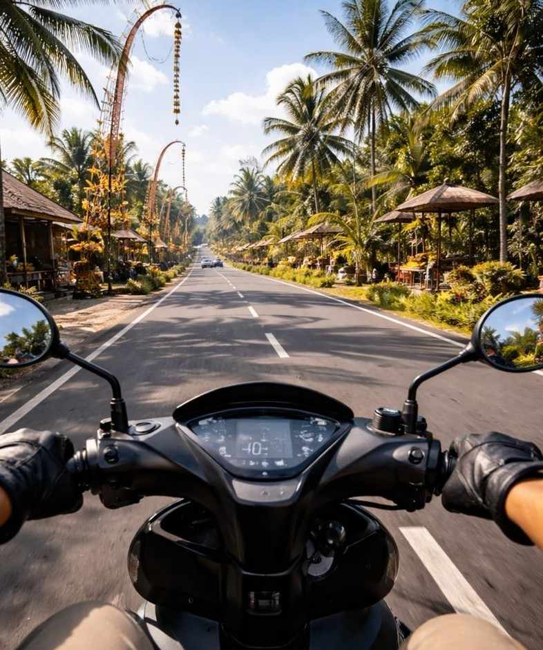 Motoran di jalanan Bali dengan cuaca cerah yang mendukung semangat kerja