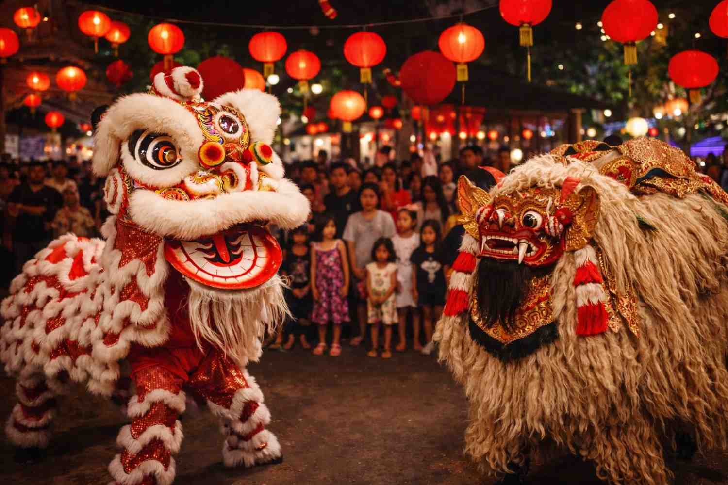 Pertunjukan barongsai dan barong bangkung saat perayaan Imlek di Nuanu Creative City Bali