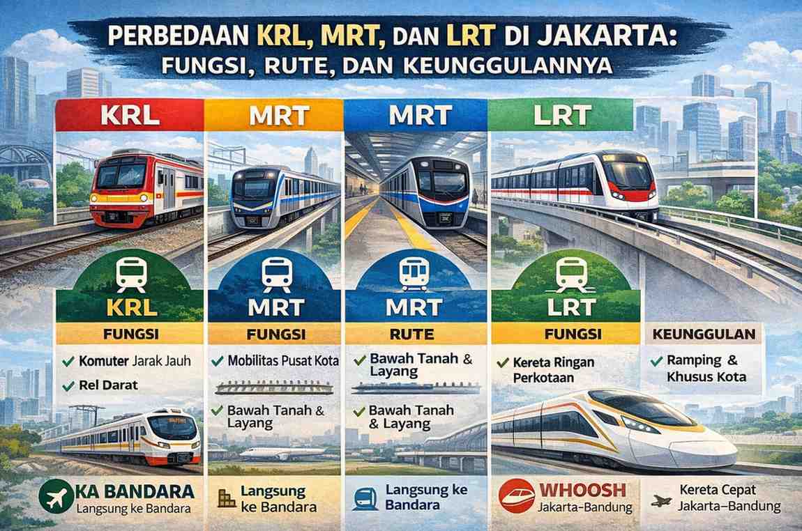 Ilustrasi perbandingan KRL, MRT, dan LRT di Jakarta dengan jalur rel berbeda (darat, bawah tanah, dan layang) serta tambahan KA Bandara dan Whoosh.