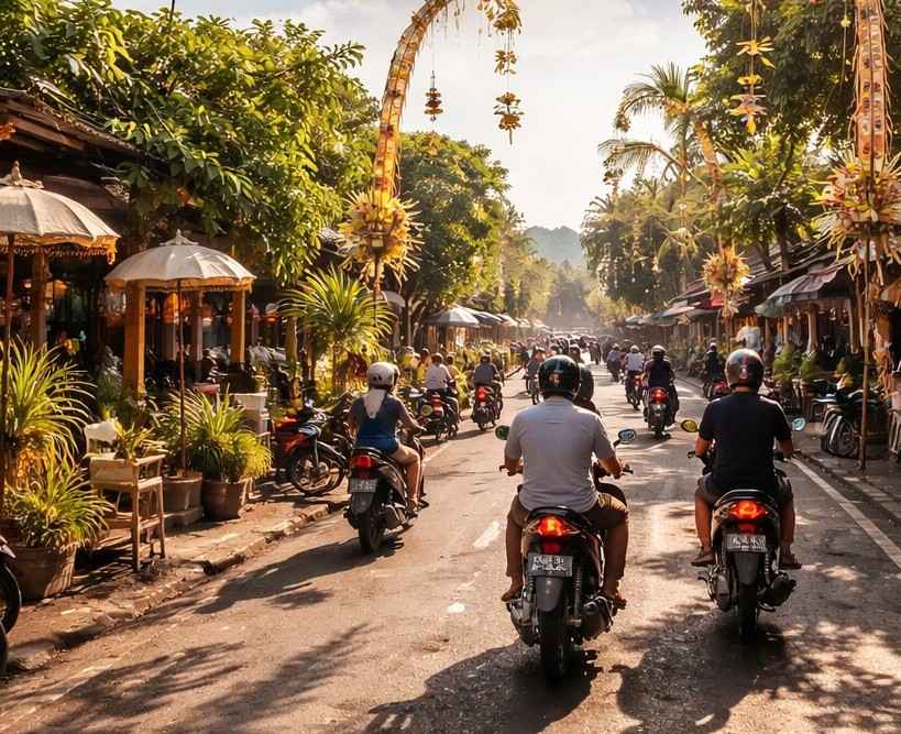 Suasana jalanan di Bali pada hari Kamis dengan aktivitas sehari-hari dan nuansa tropis