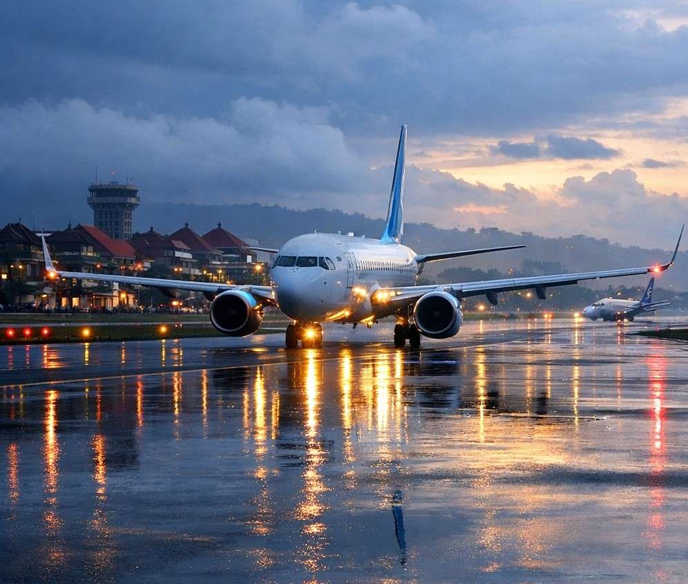 Pesawat di runway Bandara Ngurah Rai Bali pagi hari selepas hujan dengan pantulan cahaya di landasan basah