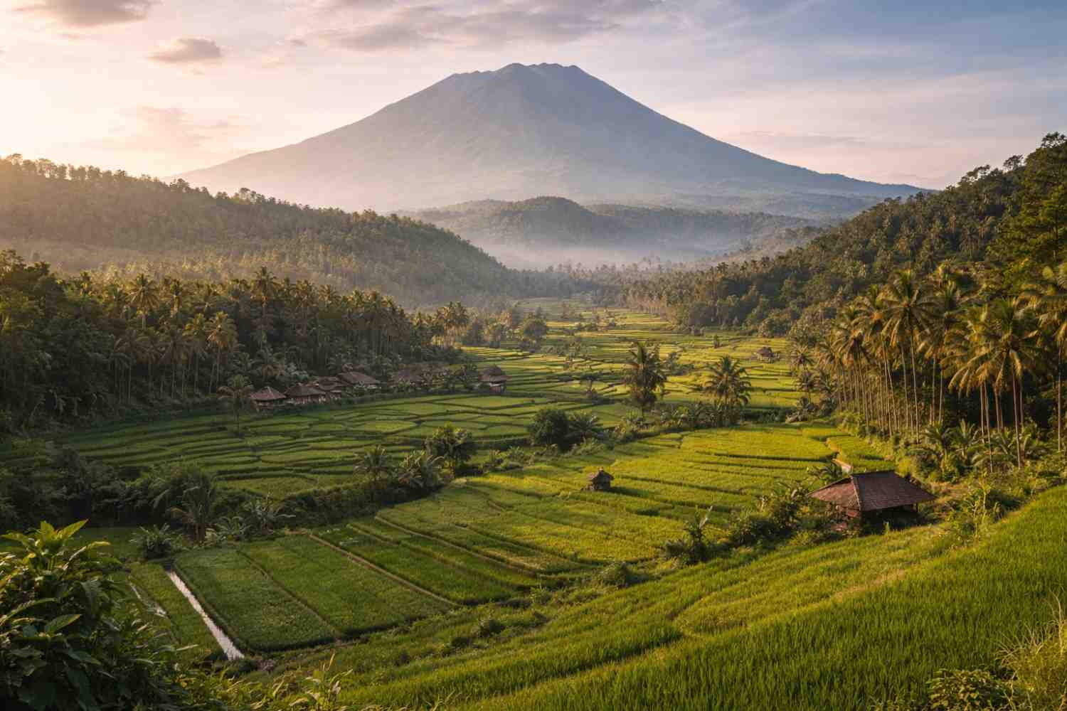 Pemandangan sawah hijau di Sidemen Karangasem Bali dengan latar Gunung Agung dan suasana pedesaan yang tenang