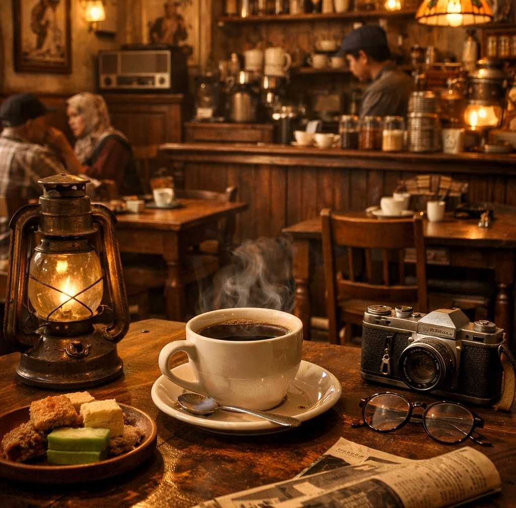 Suasana interior klasik dan hangat di Tempo Dulu Kopi dengan konsep nostalgia