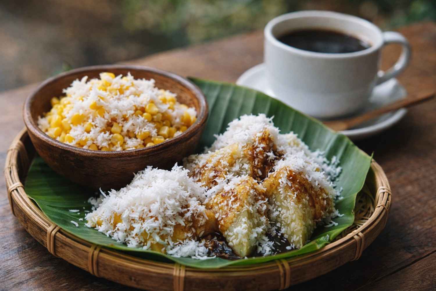Jajan Bali tradisional jagung urab dan lupis legit dengan taburan kelapa disajikan hangat di Tempo Dulu Kopi