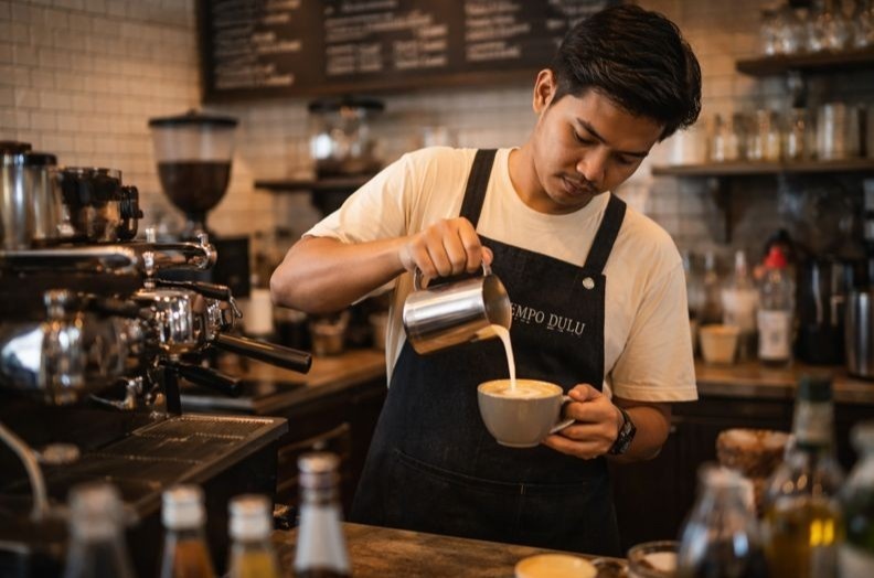 Barista Tempo Dulu Kopi sedang meracik kopi di balik meja bar