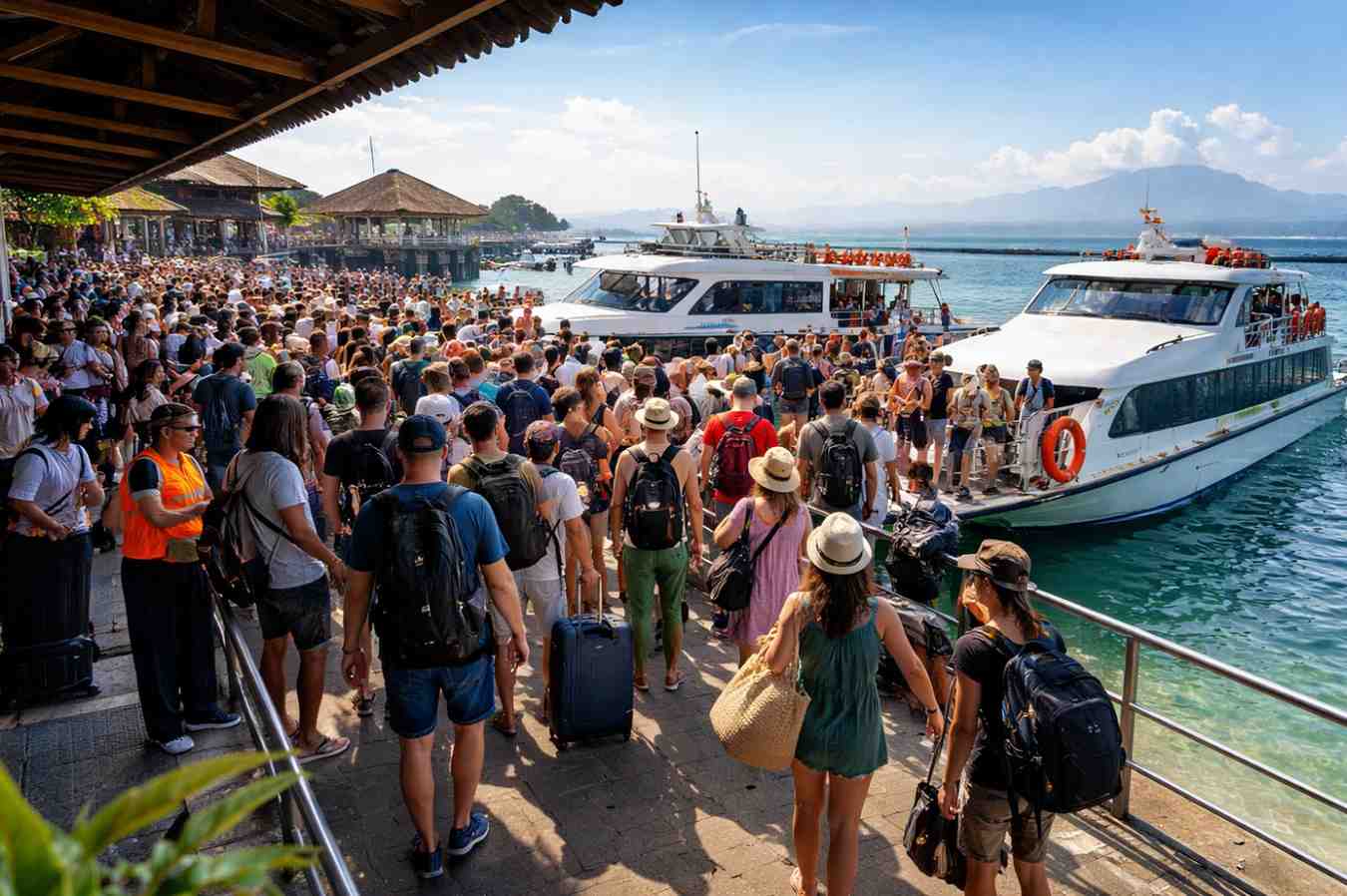 Keramaian penumpang fast boat di Dermaga Penyeberangan Sanur pagi hari menuju Nusa Penida dan Nusa Lembongan pada 23 Desember 2025 saat libur akhir tahun.