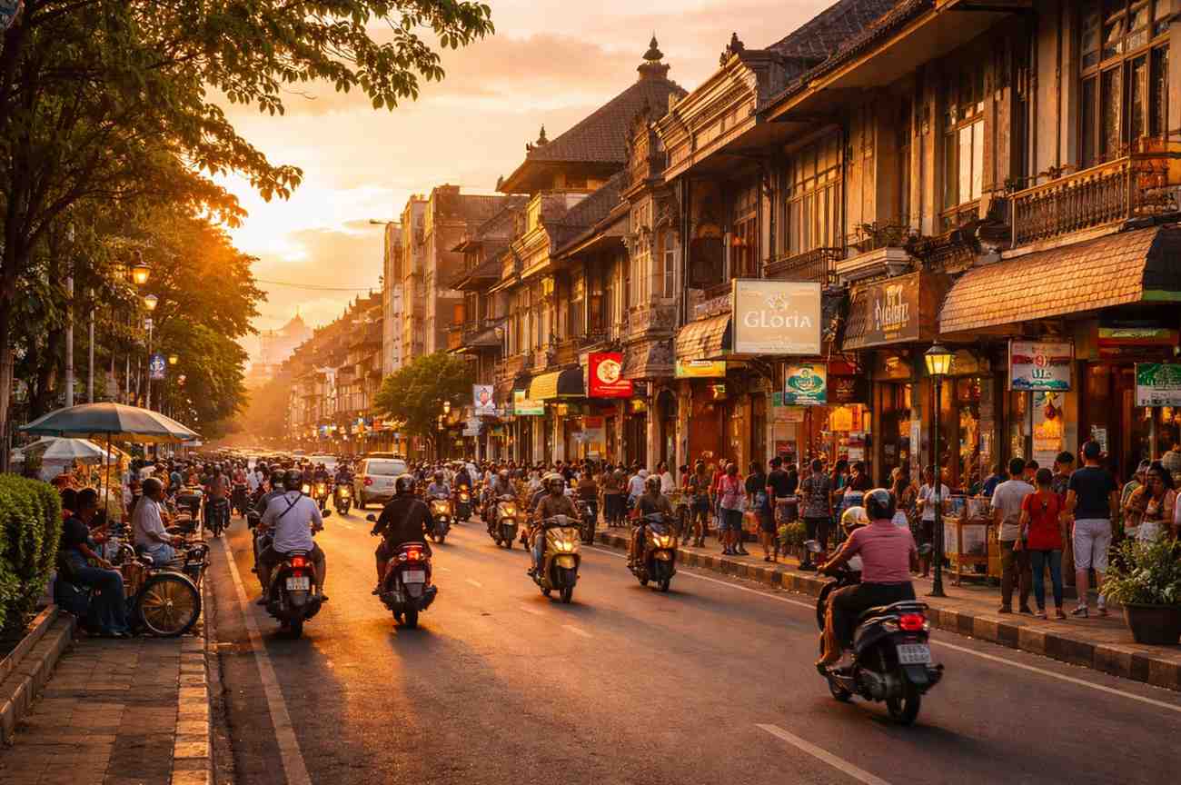 Suasana sore di Jalan Gajah Mada Denpasar dengan aktivitas warga dan cahaya matahari senja