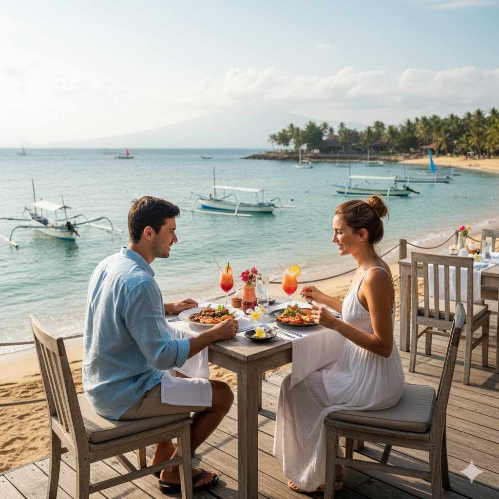 Makan siang di pinggir laut di Babi Guling Pesisir Pantai Matahari Terbit Sanur