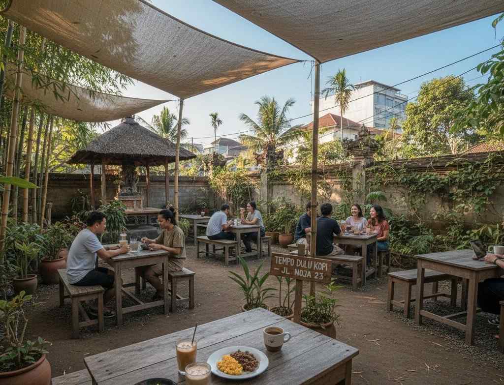 Suasana area duduk terbuka di Tempo Dulu Kopi Denpasar Timur