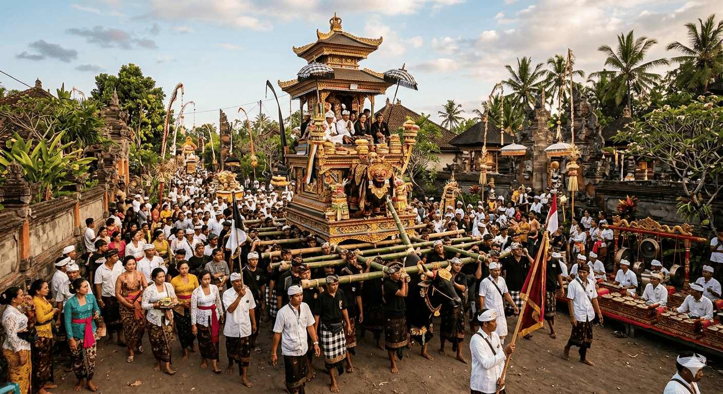 "Upacara Pelebon di Bali, keluarga dan masyarakat menghantar roh dengan pakaian adat"